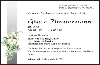 Traueranzeige von Gislea Zimmermann von Südthüringer Presse