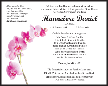 Traueranzeige von Hannelore Daniel von Südthüringer Presse