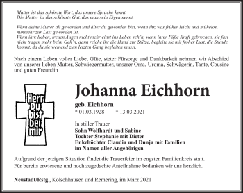 Traueranzeige von Johanna Eichhorn von Südthüringer Presse