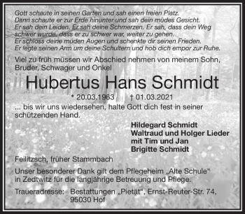 Traueranzeige von Hubertus Hans Schmidt von Frankenpost