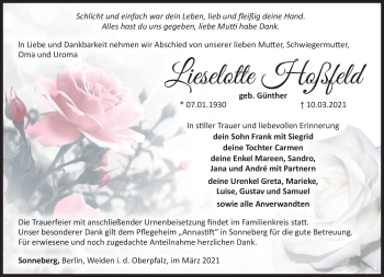 Traueranzeige von Lieselotte Hoßfeld von Südthüringer Presse