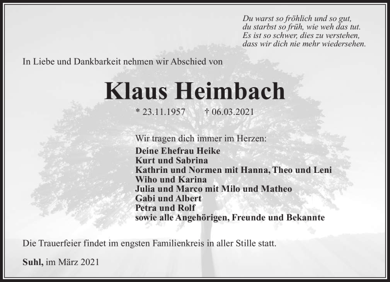  Traueranzeige für Klaus Heimbach vom 13.03.2021 aus Südthüringer Presse