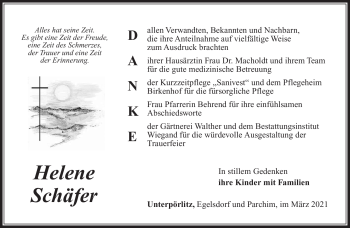 Traueranzeige von Helene Schäfer von Südthüringer Presse