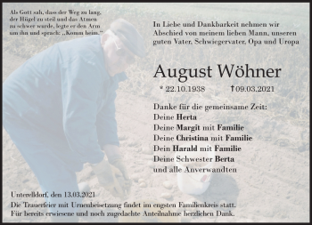Traueranzeige von August Wöhner von Neue Presse Coburg