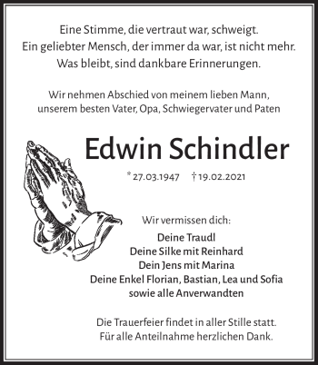Traueranzeige von Edwin Schindler von Frankenpost