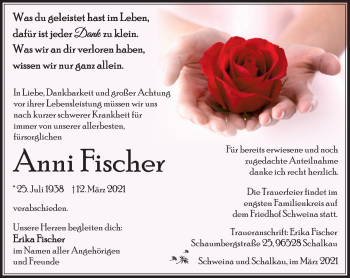 Traueranzeige von Anni Fischer von Südthüringer Presse