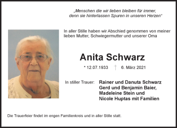 Traueranzeige von Anita Schwarz von Neue Presse Coburg