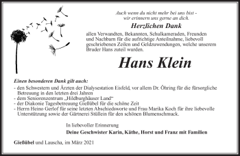 Traueranzeige von Hans Klein von Südthüringer Presse
