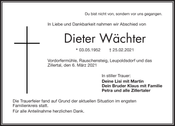 Traueranzeige von Dieter Wächter von Frankenpost