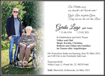 Traueranzeige von Gerda Luge von Südthüringer Presse