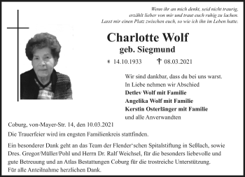 Traueranzeige von Charlotte Wolf von Neue Presse Coburg