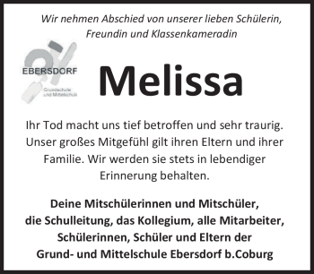 Traueranzeige von Melissa  von Neue Presse Coburg