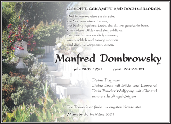 Traueranzeige von Manfred Dombrowsky von Südthüringer Presse