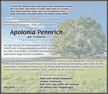 Traueranzeige von Apolonia Pennrich von Südthüringer Presse