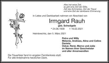 Traueranzeige von Irmgard Rauh von Frankenpost