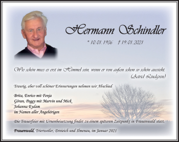 Traueranzeige von Hermann Schindler von Südthüringer Presse