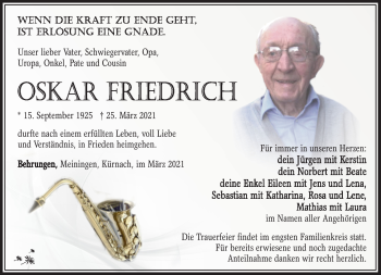 Traueranzeige von Oskar Friedrich von Südthüringer Presse