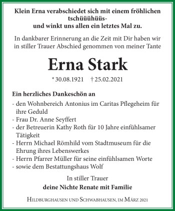 Traueranzeige von Erna Stark von Südthüringer Presse