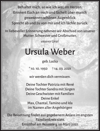 Traueranzeige von Ursula Weber von Südthüringer Presse