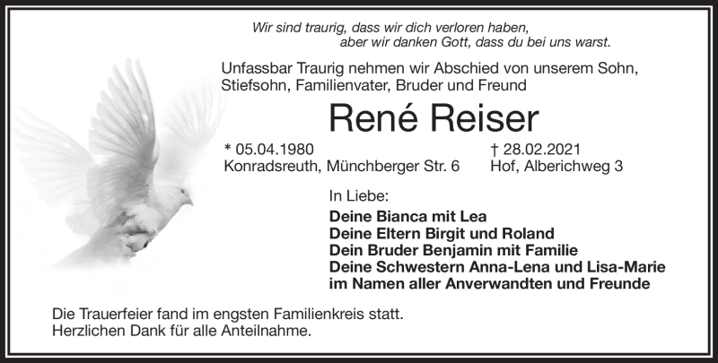  Traueranzeige für Rene Reiser vom 09.03.2021 aus Frankenpost