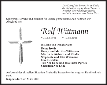 Traueranzeige von Rolf Wittmann von Südthüringer Presse