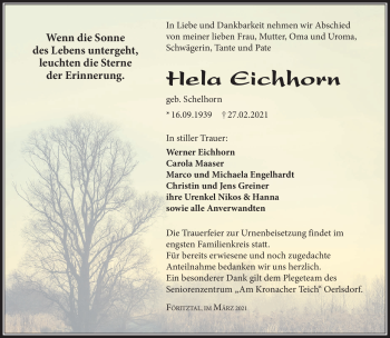 Traueranzeige von Hela Eichhorn von Südthüringer Presse