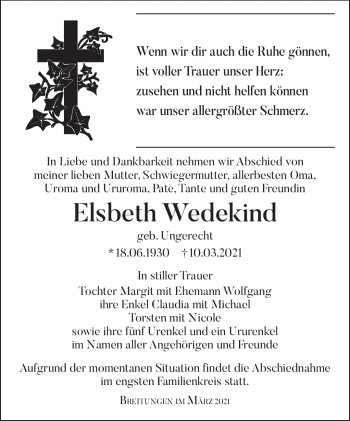 Traueranzeige von Elsbeth Wedekind von Südthüringer Presse