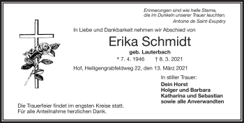 Traueranzeige von Erika Schmidt von Frankenpost