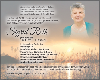 Traueranzeige von Sigrid Roth von Südthüringer Presse