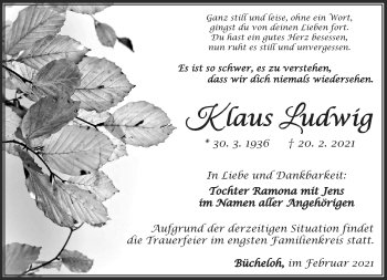 Traueranzeige von Klaus Ludwig von Südthüringer Presse