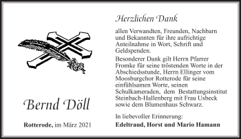 Traueranzeige von Bernd Döll von Südthüringer Presse