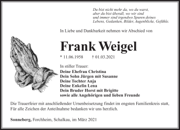 Traueranzeige von Frank Weigel von Südthüringer Presse