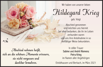 Traueranzeige von Hildegard Krieg von Südthüringer Presse