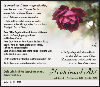 Traueranzeige von Heidetraud Abt von Südthüringer Presse