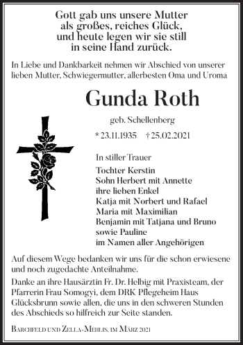Traueranzeige von Gunda Roth von Südthüringer Presse