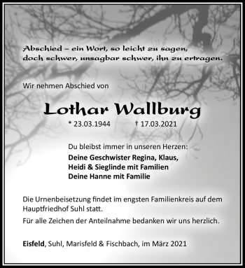 Traueranzeige von Lothar Wallburg von Südthüringer Presse