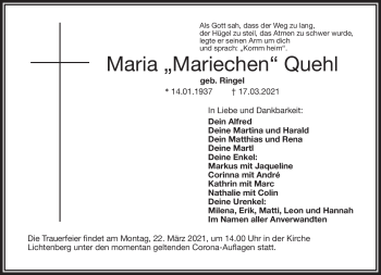 Traueranzeige von Maria Quehl von Frankenpost