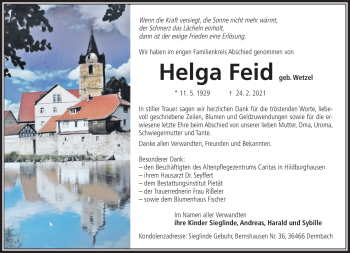 Traueranzeige von Helga Feid von Südthüringer Presse