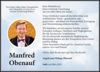 Traueranzeige von Manfred Obenauf von Südthüringer Presse