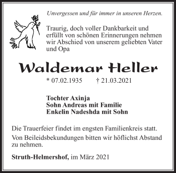Traueranzeige von Waldemar Heller von Südthüringer Presse