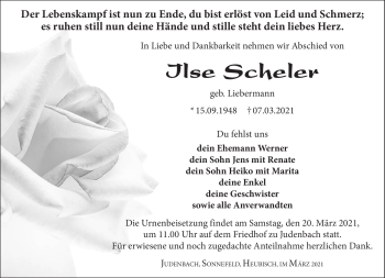 Traueranzeige von Ilse Scheler von Südthüringer Presse
