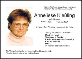 Traueranzeige von Anneliese Kießling von Frankenpost