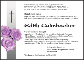 Traueranzeige von Edith Culmbacher von Südthüringer Presse