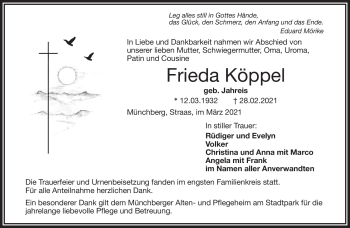 Traueranzeige von Frieda Köppel von Frankenpost