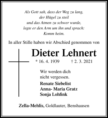 Traueranzeige von Dieter Lehnert von Südthüringer Presse