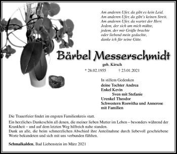 Traueranzeige von Bärbel Messerschmidt von Südthüringer Presse