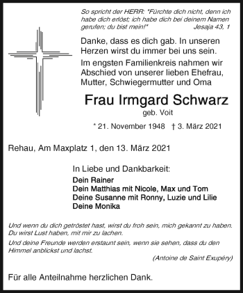 Traueranzeige von Irmgard Schwarz von Frankenpost