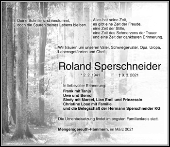 Traueranzeige von Roland Sperschneider von Südthüringer Presse