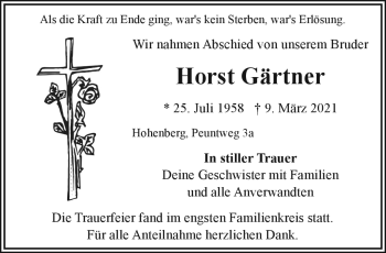 Traueranzeige von Horst Gärtner von Frankenpost
