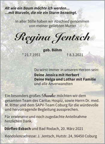 Traueranzeige von Regina Jentsch von Neue Presse Coburg